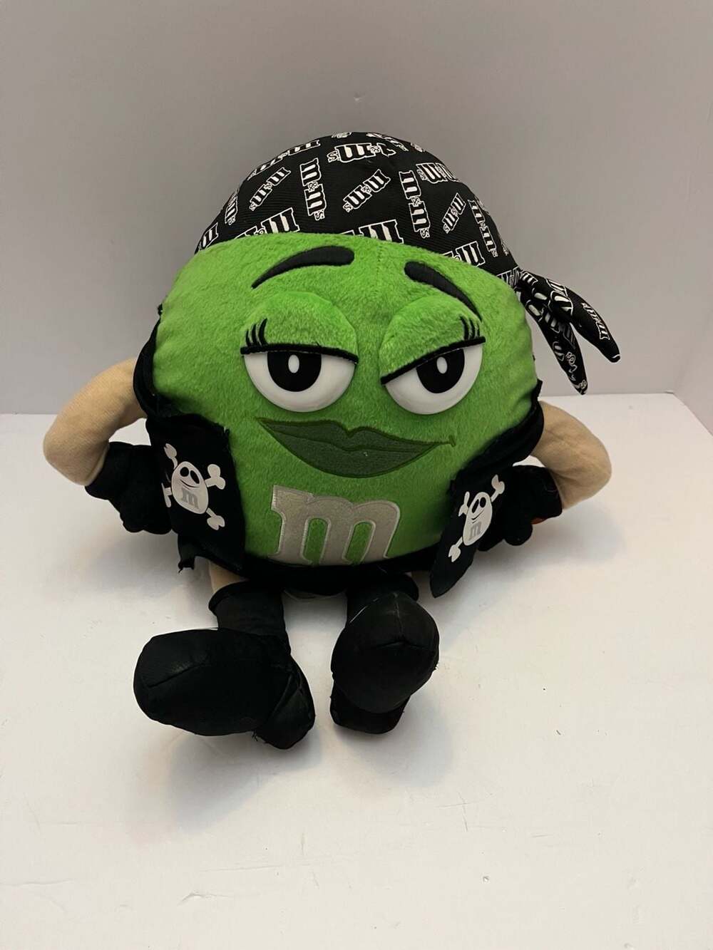 M&M's Green Character Pirate Biker Chick Plush Stuffed Animal w Doo Rag Vest 08
